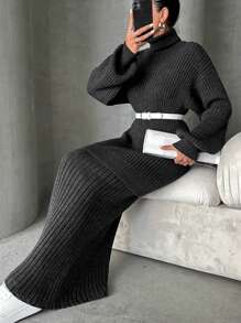 EURMUSE High Neck Drop Shoulder Sleeve Sweater And Knitted Skirt Two-Piece Set - Grey - View 4