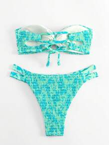 Swim Mod Conjunto de bikini de dos piezas con estampado floral y fruncido para playa de verano - Multicolor - Ver 2