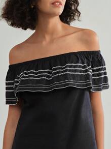 MOTF STUDIO EMBROIDERY RUFFLE TRIM OFF SHOULDER BLOUSE