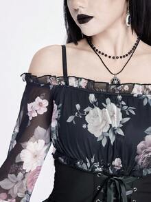 Đầm lưới in họa tiết hoa Gothic hở vai dành cho nữ có tay nhún bèo viền bất đối xứng - màu đen - Xem 2