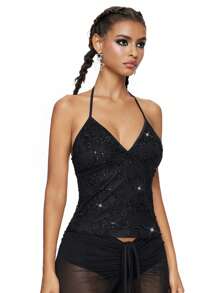 ROMWE Fairycore Summer Fashion Mesh Sequin Embroidered Floral Vine Halter Top