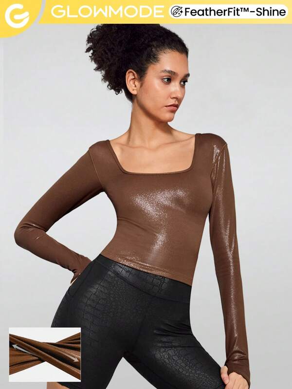 GLOWMODE Foiled Leather Effect Slimfit Square Neck Long sleeve Shirt Active Top With Thumbhole