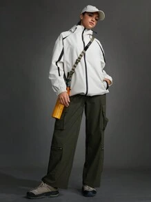 SHEIN Sports Sportowa kurtka z kapturem i zamkiem w blokach kolorów - Biały - Zobacz 3