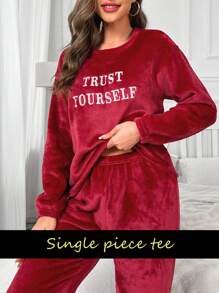 Letter Embroidery Drop Shoulder Flannel Cozy Lounge Top, For Fall Winter, Fluffy - Burgundy - View 5