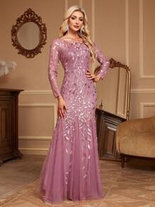 Women Elegant Contrast Sequins Embroidered Mesh Mermaid Hem Evening Dress,Prom Gown,Wedding Guest Dress , Dinner For Holiday Party Clothes - Dusty Pink - View 10