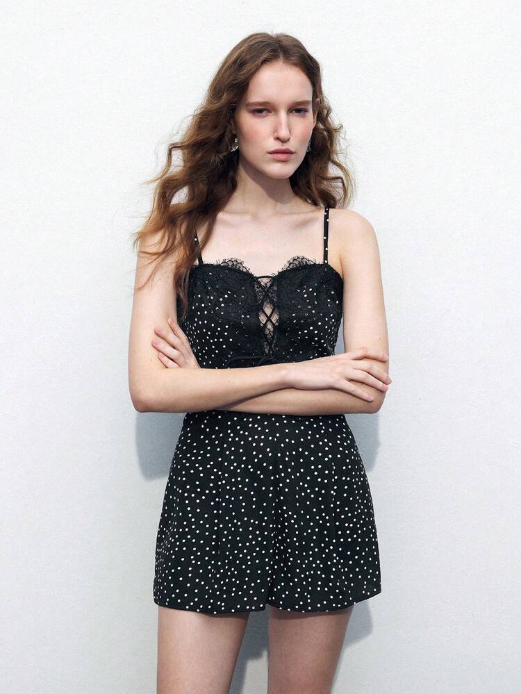 SHEIN Maija Women's Vintage Elegant Polka Dot Contrast Lace Trim Jumpsuit For Birthday