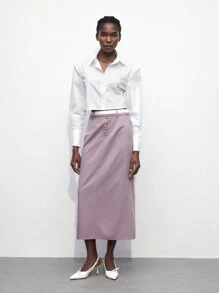 Maija 女士秋季返校装 - 撞色腰带拼接前开襟金属纽扣直筒裙