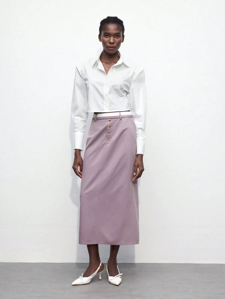 SHEIN Maija 여성 가을 개학 대비 배색 허리 밴딩 스플라이싱 앞 여밈 메탈 버튼 스트레이트 스커트