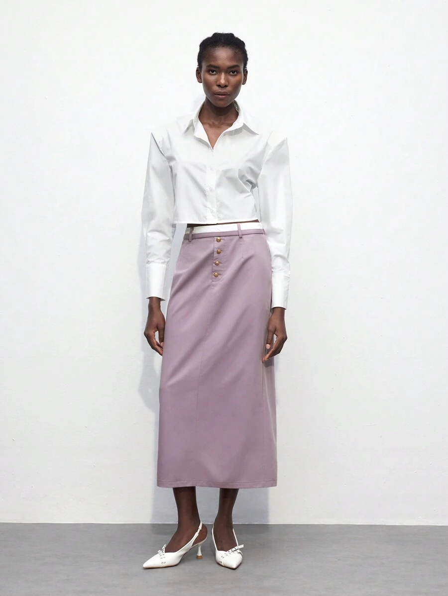 Maija 女士秋季返校装 - 撞色腰带拼接前开襟金属纽扣直筒裙