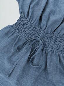 EMERY ROSE V-Neck Open Shoulder Pleated Jumpsuit - Blue - View 3