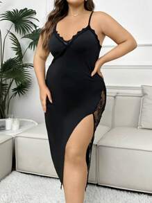 SHEIN 大码高开叉蕾丝拼接吊带睡裙睡衣裙 - 黑色 - 查看 4