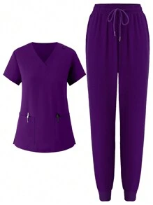 Women Scrubs Uniform, Soft Elastic Jogger Nurse Workwear, Breathable Surgical Gown With Pockets - Mauve Purple - View 6