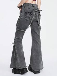 ROMWE Grunge Punk Punk Metal Rivet Jarretel Jeans Met Kruisversiering, Leuke Strik, Schedelborduurwerk En Bell-Bottom Design Voor Vrouwen, School