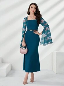 Modelyn 夏季對比花卉印花方頸分裂袖人魚裙擺連身裙