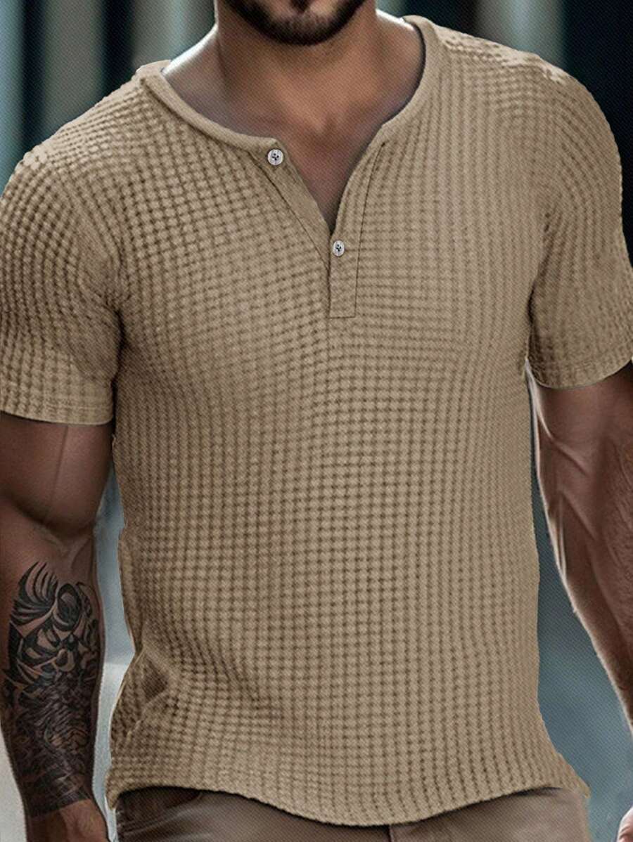 Manfinity Homme 男士純色半扣短袖上衣 - 橄欖綠 - 查看 1