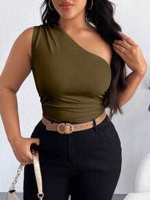 Calvaya Plus One Shoulder Ruched Bodysuit For Summer - Army Green - View 4