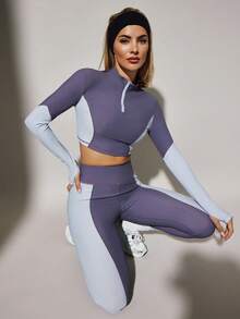 VARSITIE 运动瑜伽基本款拼色长袖 T 恤，女士健身服，紫色紧身胸衣上衣 - 彩色 - 查看 5