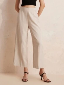 SHEIN BIZwear High-Waist Plain Pressed Line Wide-Leg Women's Trousers - Beige - View 3