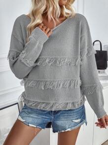 EMERY ROSE Solid Fringe Trim Long Sleeve Sweater, Knit Pullover Fall Winter - Grey - View 3