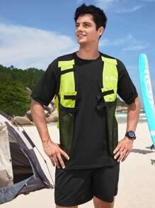 In My Nature Men Colorblock Letter Graphic Buckle Decor Outdoor Vest Jacket - Black - View 8
