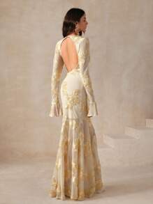 Anewsta White Elegant Floral Embroidered Backless Fishtail Dress For Women Maxi Women Outfit - Apricot - View 2