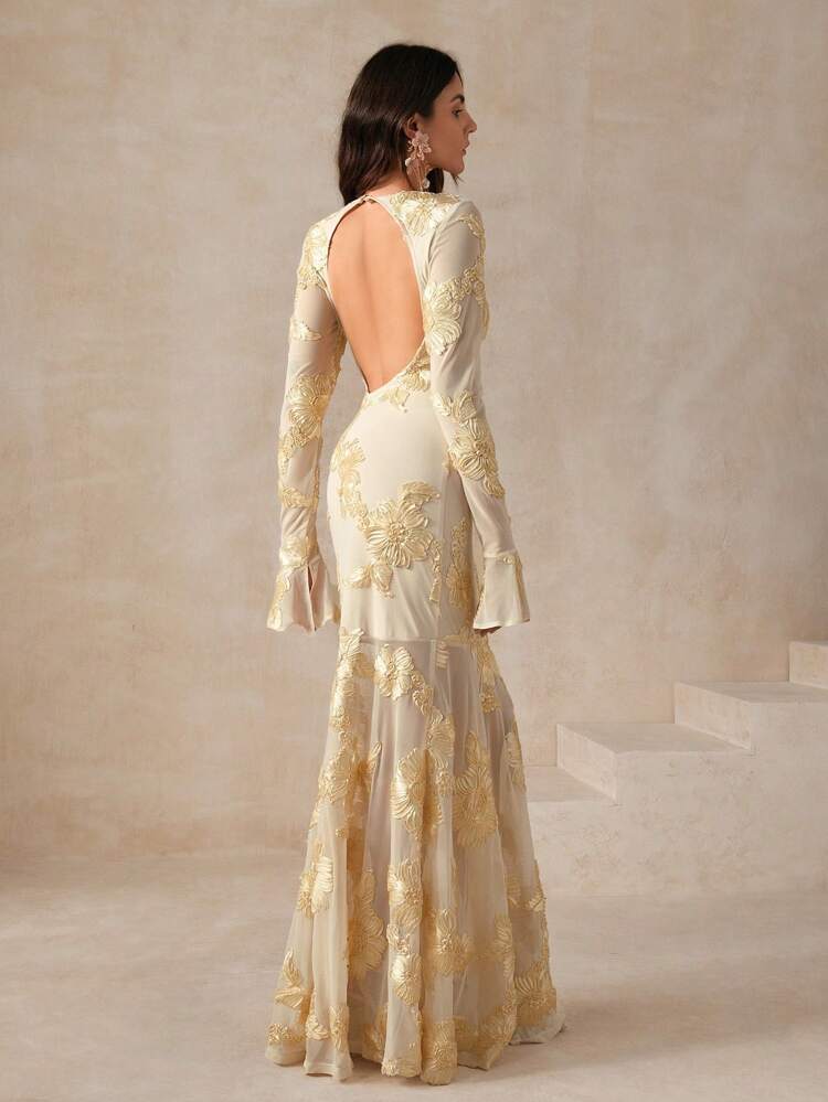 White Elegant Floral Embroidered Backless Fishtail Dress For Women Maxi Women Outfit