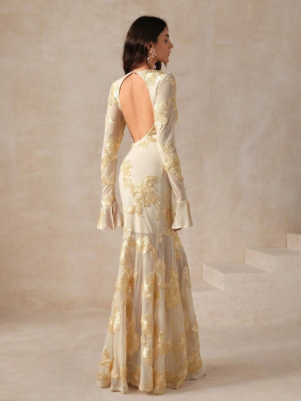 White Elegant Floral Embroidered Backless Fishtail Dress For Women Maxi Women Outfit