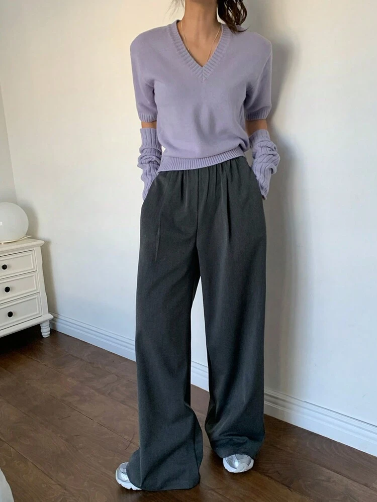 Women's Solid Color V-Neck Sweater, Autumn
