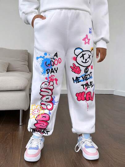 SHEIN Tween Girl Extended Size Casual höststickade träningsbyxor med slogan och tecknat björntryck