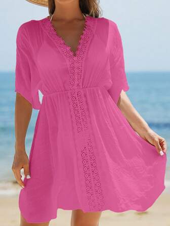 Swim Vcay Summer Clothes Lace Floral V-Neck See-Through Ladies' Shawl Summer