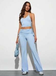 Forever 21 Solid Crop Halter Top & Drawstring Side Flare Leg Pants ,2 Pieces Set Blue - Blue - View 6