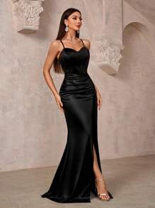 SHEIN Belle Vestido Longo Elegante de Cetim com Fenda Alta, Alça Cruzada de Fita de Espinha de Peixe para Vestido de Baile de Mulheres, Vestidos Longos Pretos Formais para Evento, Formatura, Jantar - Preto - Visão 5