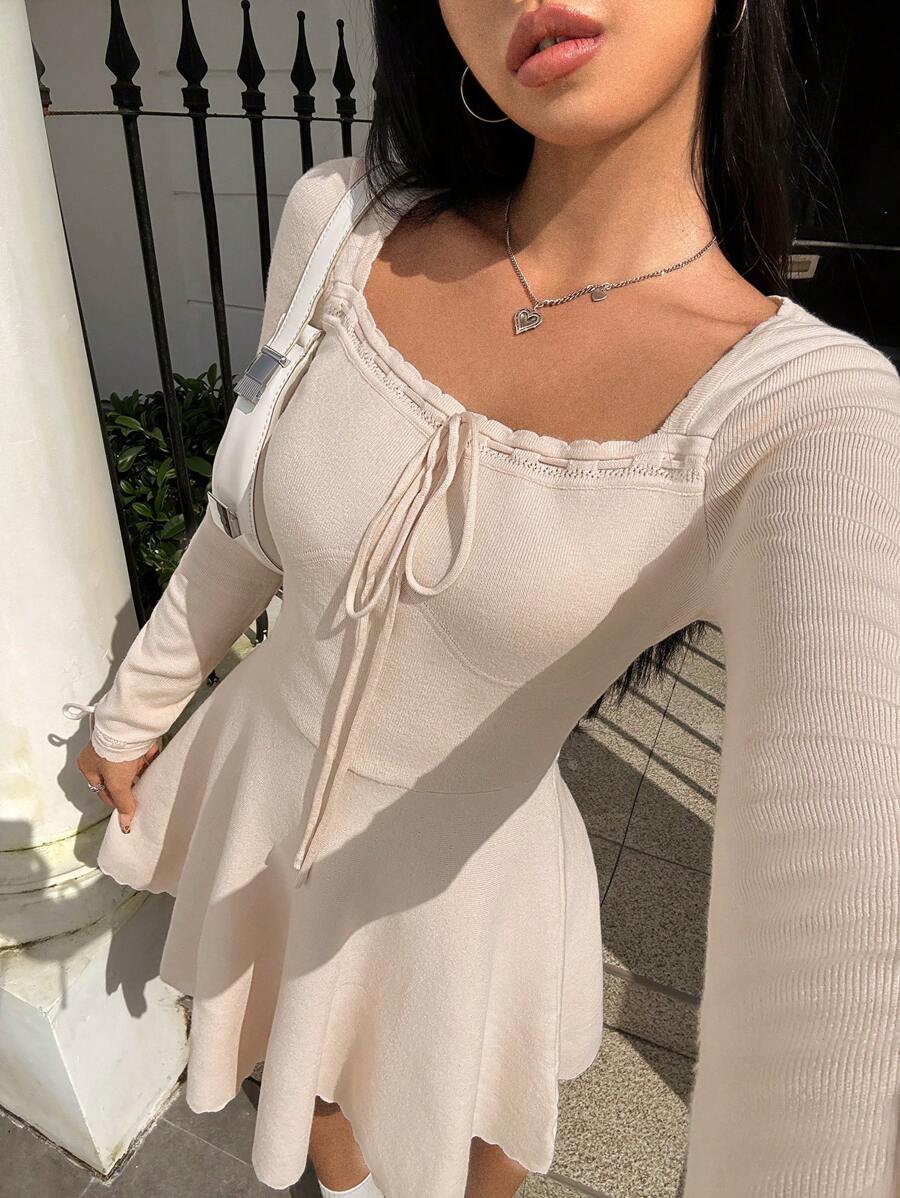 SHEIN EZwear Square Neck Knot Front Sweater Dress - Apricot - View 1