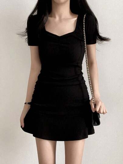 女士纯色收腰夏季短袖连衣裙