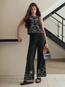 MOTF STUDIO EMBROIDERY WIDE LEG SUIT PANTS - Black - View 4