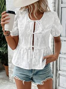 SHEIN Clasi Jacquard Tie Front Puff Sleeve Peplum Blouse Women Shirt