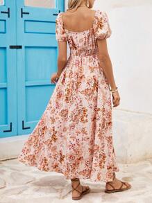 SHEIN VCAY Vestido con cuello cuadrado y cintura fruncida con estampado floral para vacaciones de verano - Multicolor - Ver 3