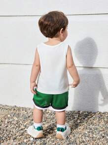 SHEIN Conjunto de camiseta sin mangas con estampado de letra y shorts con bloqueo de color estilo deportivo informal para bebé niño - Multicolor - Ver 2