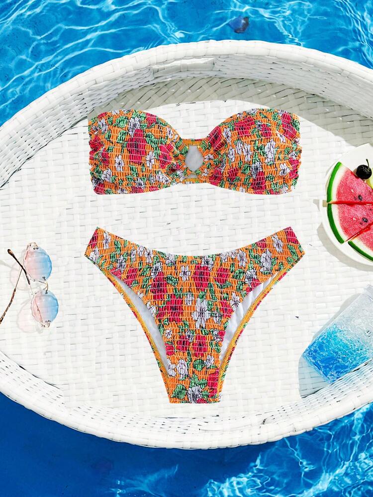 Summer Beach Floral Print Bikini Set Smocked O-Ring Linked Bandeau Top & Cheeky 2 Pieces Bikini