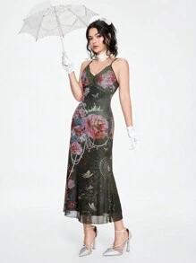 ROMWE Fairycore Vintage Palace Painting Rose Printed Women's Cami Dress - Green - View 3