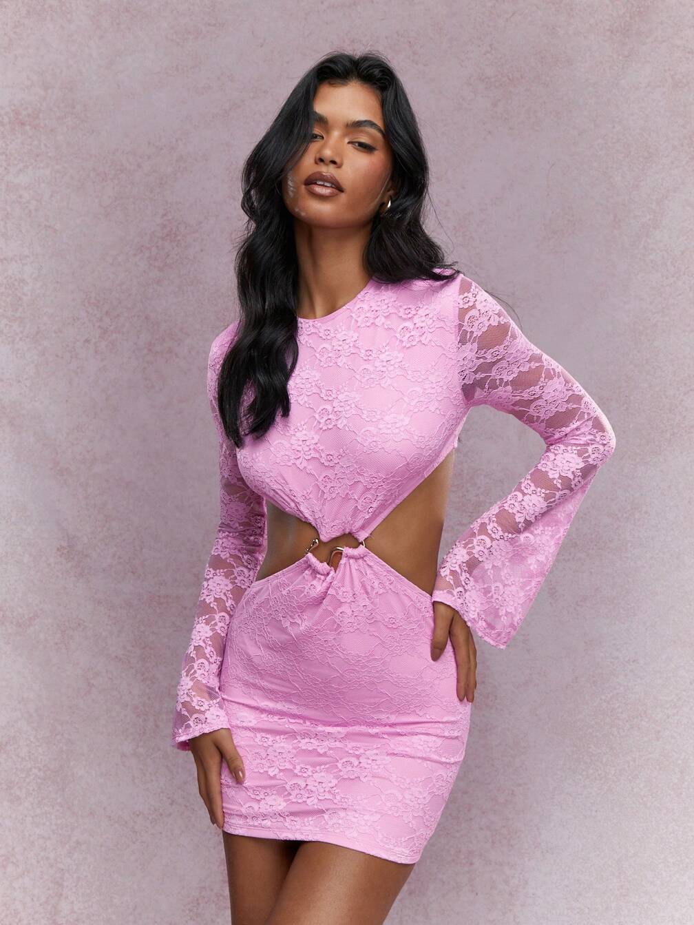 lace cut out bodycon dress Mini Lace Dress With Cutout Long Sleeve High Neck Sexy Bodycon Club Dress  For Women 2026