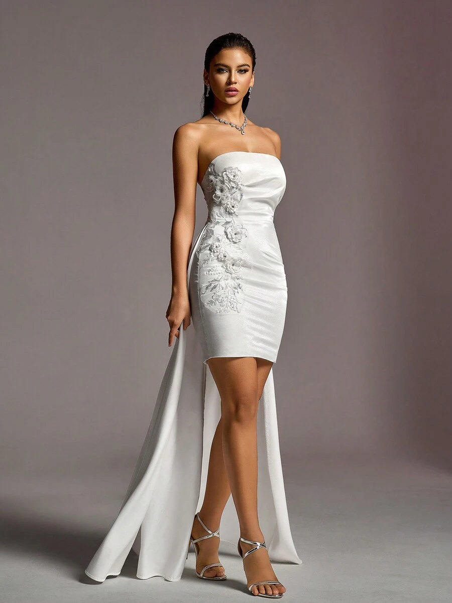 Faeriesty Floral Applique High Low Hem Formal Tube Dress - White - View 1