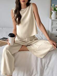 SHEIN LUNE 無袖寬鬆背心和寬腿褲兩件套裝 - 杏色 - 查看 4