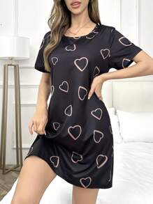 SHEIN Heart Print Round Neck Pajama Nightdress For Summer - Multicolor - View 3
