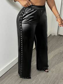 Slaydiva 女士黑色松紧腰阔腿宽松时尚铆钉皮裤