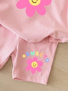 SHEIN Leap Crew 女婴休闲花卉印花短袖 T 恤和短裤套装，95% 纯棉，适合夏季 - 粉色 - 查看 4
