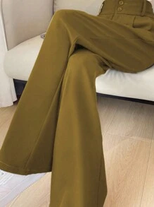 Chiquease Quần dài dáng rộng xếp ly thẳng cho nữ màu trơn hàng ngày - Màu Khaki - Xem 4