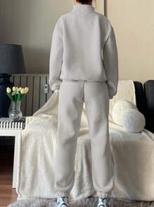 EURMUSE Half Zip Drop Shoulder Sweatshirt & Sweatpants - Light Grey - View 2