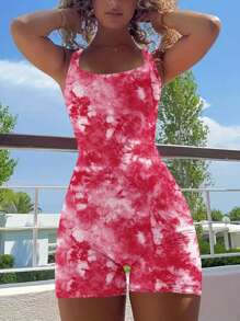 INAWLY Women's Tie-Dye Sleeveless Jumpsuit With Large Round Neck - Red - View 3