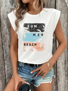 INAWLY Letter Graphic Batwing Sleeve Tee SUM MER BEACH - White - View 4